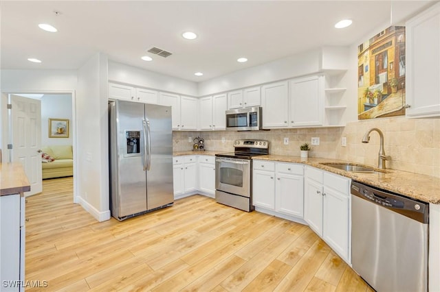 kitchen with visible vents, a sink, appliances with stainless steel finishes, and white cabinets