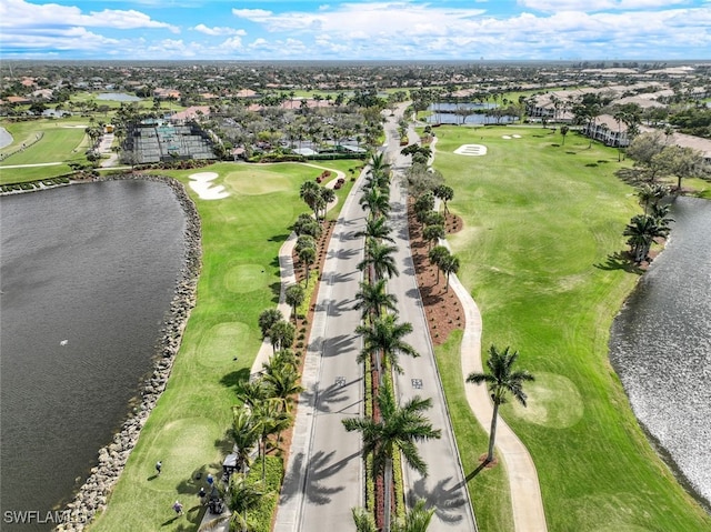 bird's eye view featuring a residential view, a water view, and golf course view