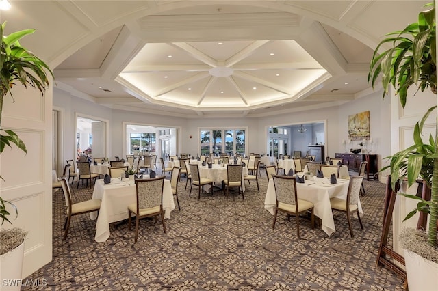 16400 Millstone Cir Unit 206, Fort Myers, FL 33908 - carpeted dining area with coffered ceiling, recessed lighting, and beam ceiling