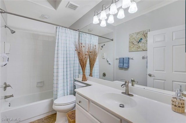bathroom with vanity, toilet, shower / bathtub combination with curtain, visible vents, and ornamental molding