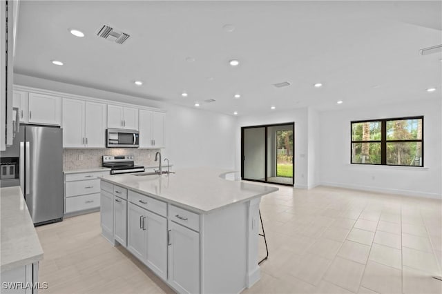 kitchen featuring appliances with stainless steel finishes, a sink, decorative backsplash, white cabinets, and open floor plan