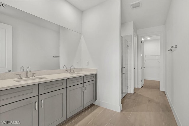 bathroom featuring a stall shower, a spacious closet, visible vents, and a sink