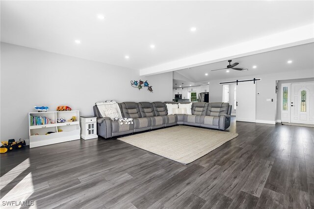 1330 Rock Rd, Naples, FL 34120 - living room featuring recessed lighting, ceiling fan, dark wood-style floors, and a barn door