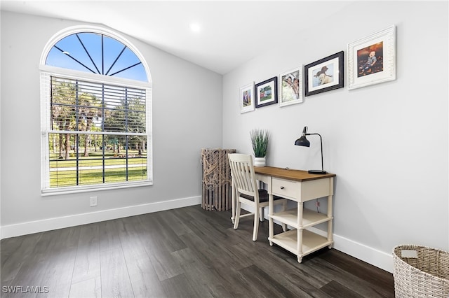 1330 Rock Rd, Naples, FL 34120 - office area with recessed lighting, baseboards, dark wood-style flooring, and lofted ceiling