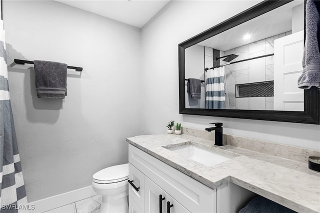 1330 Rock Rd, Naples, FL 34120 - bathroom featuring vanity, marble finish floor, toilet, baseboards, and a shower with shower curtain