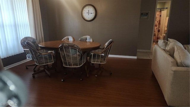 dining area featuring wood finished floors and baseboards