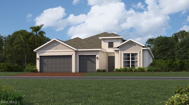 ranch-style home with stucco siding, a shingled roof, a front lawn, and a garage