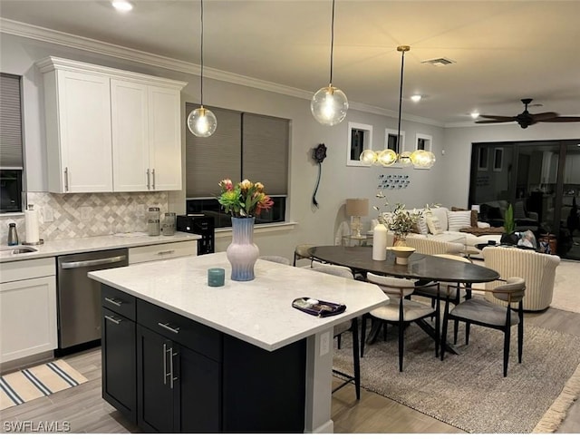 17337 Terracina Dr, Fort Myers, FL 33913 - kitchen with visible vents, ceiling fan, white cabinetry, decorative backsplash, and stainless steel dishwasher