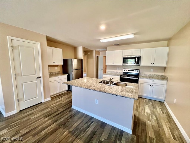 kitchen with stainless steel appliances, a sink, dark wood finished floors, and white cabinets
