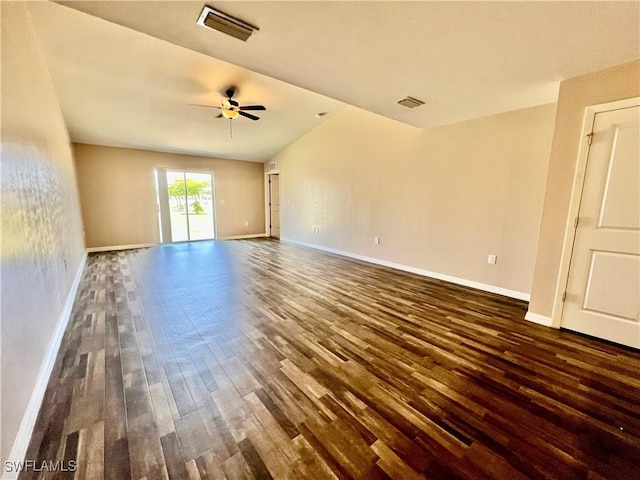 unfurnished living room featuring dark wood-type flooring, baseboards, ceiling fan, and lofted ceiling