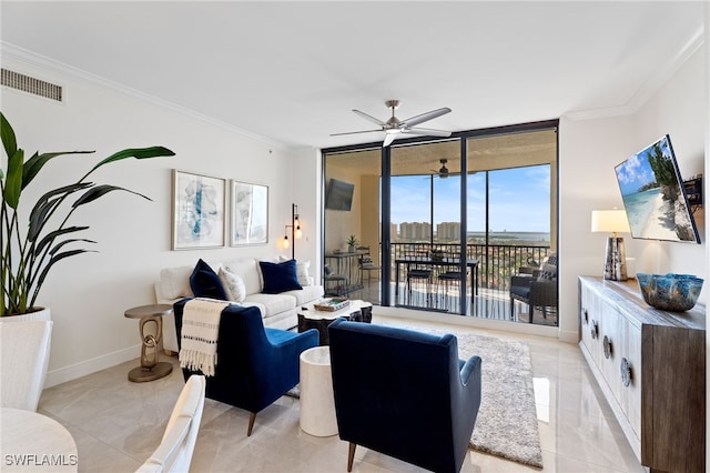 5793 Cape Harbour Dr Unit 1111, Cape Coral, FL 33914 - living area with ornamental molding, baseboards, a ceiling fan, and visible vents