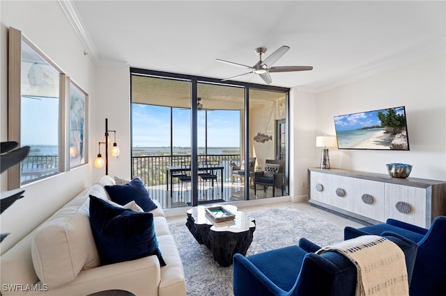 5793 Cape Harbour Dr Unit 1111, Cape Coral, FL 33914 - living room featuring crown molding, floor to ceiling windows, and a healthy amount of sunlight