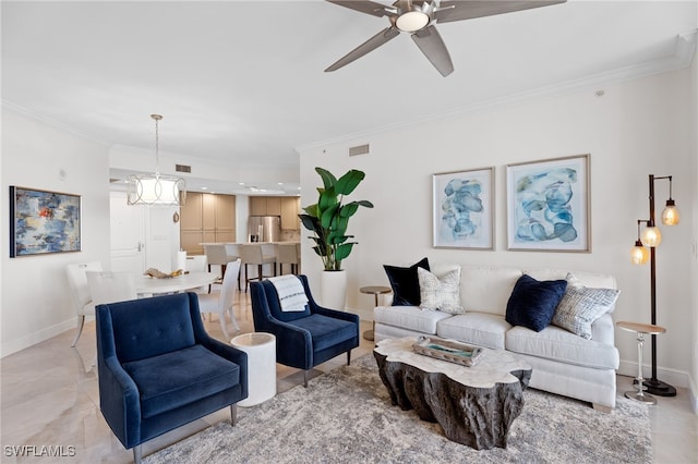 5793 Cape Harbour Dr Unit 1111, Cape Coral, FL 33914 - living room featuring baseboards, ornamental molding, visible vents, and ceiling fan with notable chandelier