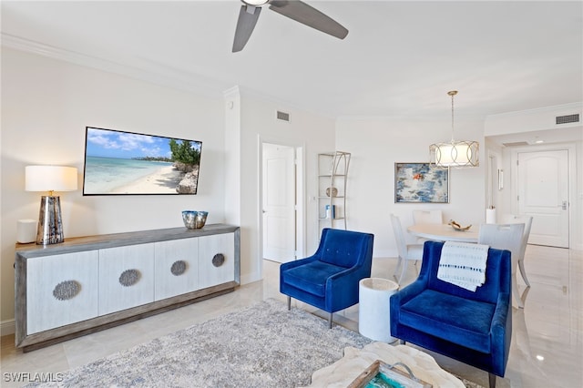 5793 Cape Harbour Dr Unit 1111, Cape Coral, FL 33914 - living room with ceiling fan, visible vents, baseboards, and ornamental molding