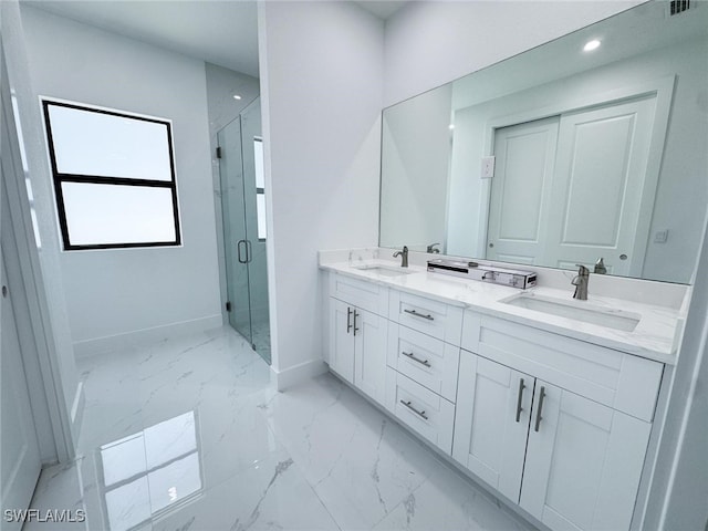 2619 15th St SW, Lehigh Acres, FL 33976 - bathroom featuring marble look tiles, a marble finish shower, double vanity, and recessed lighting