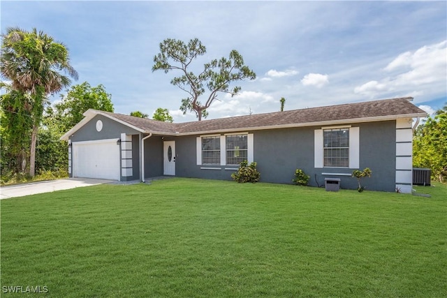 ranch-style home featuring stucco siding, a garage, concrete driveway, and a front yard