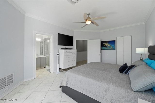 bedroom with crown molding, ceiling fan, visible vents, and ensuite bath