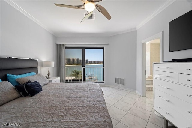 bedroom with ceiling fan, visible vents, crown molding, access to outside, and ensuite bath