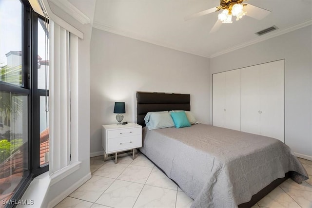 bedroom with ornamental molding, marble finish floor, and visible vents