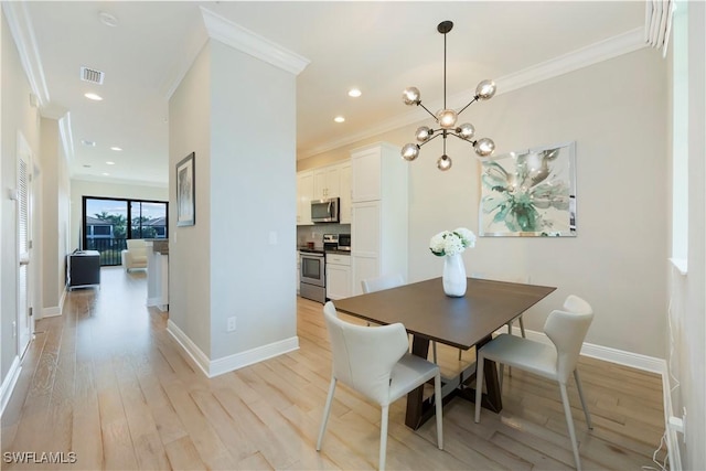 15102 Palmer Lake Cir Unit 201, Naples, FL 34109 - dining space featuring ornamental molding, light wood-type flooring, a chandelier, baseboards, and recessed lighting