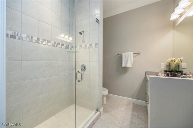 15102 Palmer Lake Cir Unit 201, Naples, FL 34109 - bathroom with a shower stall, vanity, toilet, and baseboards
