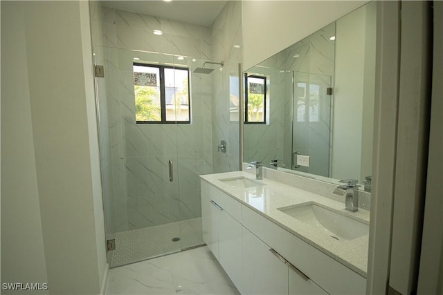 2808 NW 21st Ave, Cape Coral, FL 33993 - full bath with a sink, a marble finish shower, double vanity, and marble finish floor