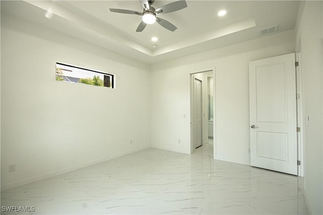 2808 NW 21st Ave, Cape Coral, FL 33993 - unfurnished room with visible vents, marble finish floor, baseboards, ceiling fan, and recessed lighting