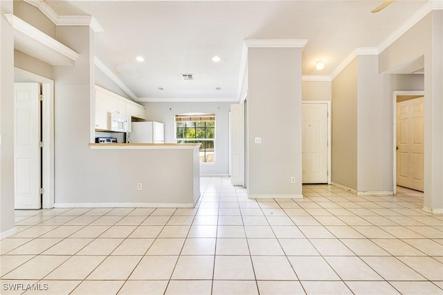 interior space with light tile patterned floors, crown molding, visible vents, baseboards, and recessed lighting