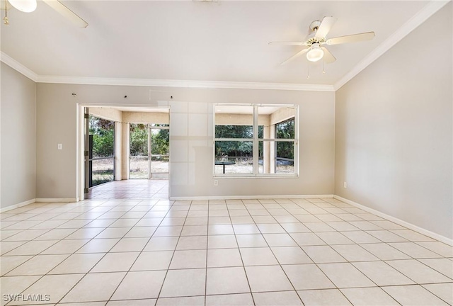 empty room with ceiling fan, ornamental molding, and baseboards
