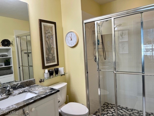 bathroom with vanity, a stall shower, and toilet