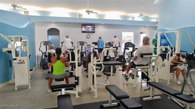 exercise room featuring visible vents and a ceiling fan