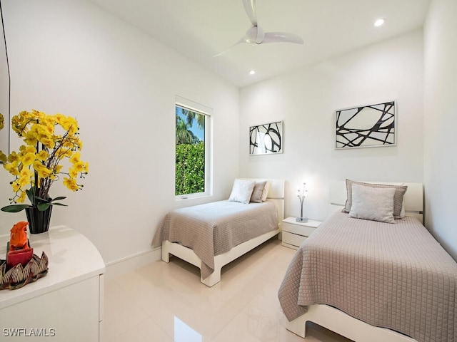 bedroom featuring recessed lighting, a ceiling fan, and light tile patterned flooring