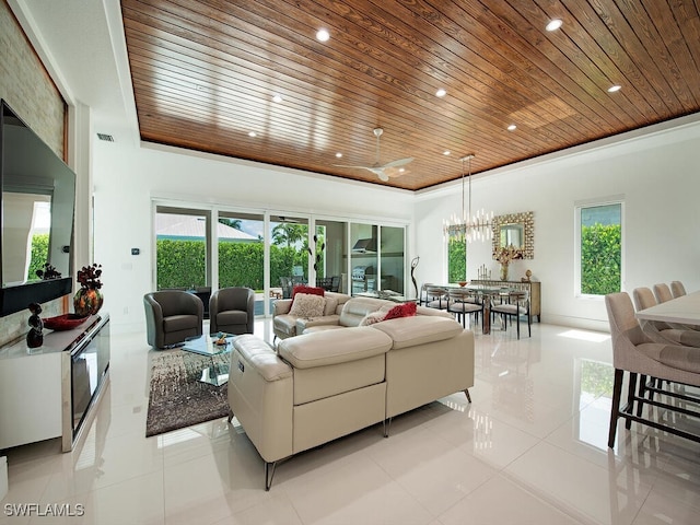 living area featuring light tile patterned floors, recessed lighting, and wood ceiling