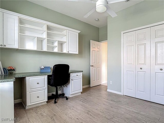 20710 Mystic Way N, Fort Myers, FL 33917 - office space with a ceiling fan, light wood finished floors, built in study area, and baseboards