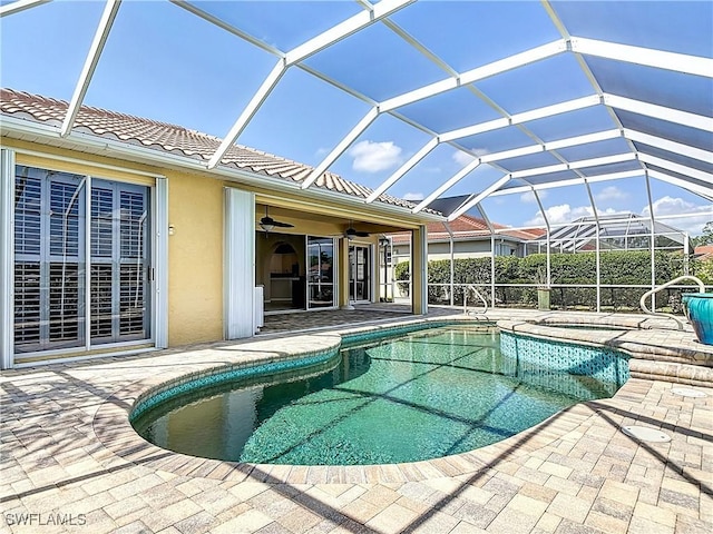 20710 Mystic Way N, Fort Myers, FL 33917 - view of swimming pool with a patio, a ceiling fan, and a lanai