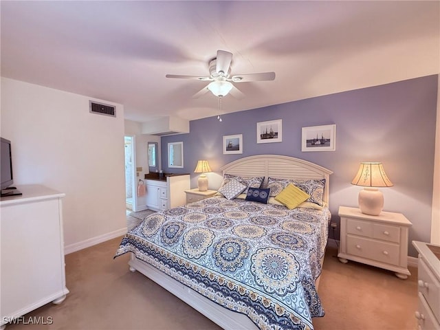 bedroom with visible vents, carpet flooring, baseboards, and ceiling fan