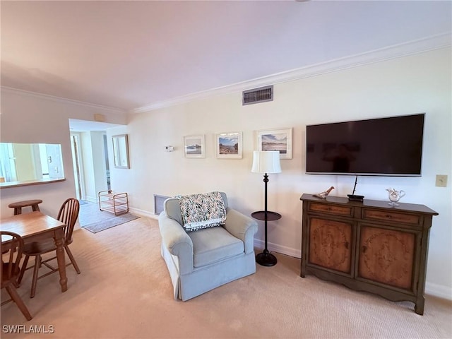 living room featuring light colored carpet, baseboards, visible vents, and ornamental molding