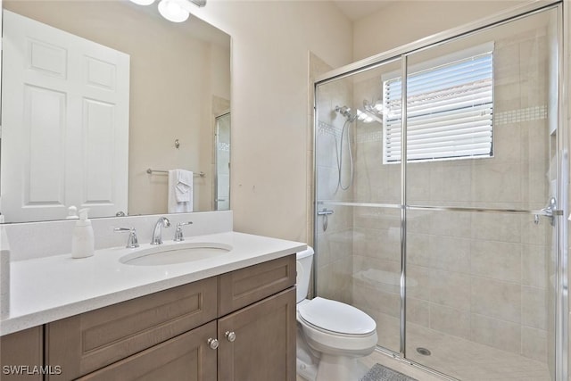bathroom with vanity, a stall shower, and toilet
