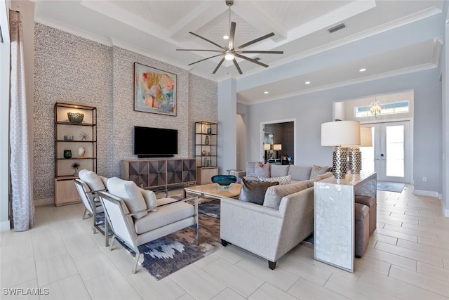 living room featuring recessed lighting, beamed ceiling, visible vents, ornamental molding, and coffered ceiling