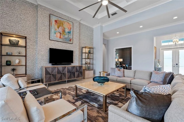 6250 Lightbourn Way, Naples, FL 34113 - living area featuring crown molding, french doors, a ceiling fan, wood finished floors, and visible vents