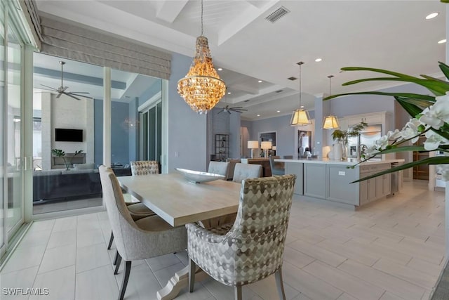6250 Lightbourn Way, Naples, FL 34113 - dining room with recessed lighting, visible vents, light tile patterned floors, and ceiling fan with notable chandelier