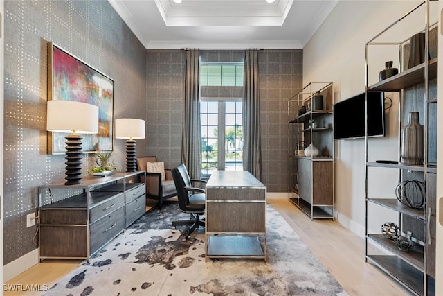 6250 Lightbourn Way, Naples, FL 34113 - office featuring light wood-style floors, baseboards, crown molding, and wallpapered walls