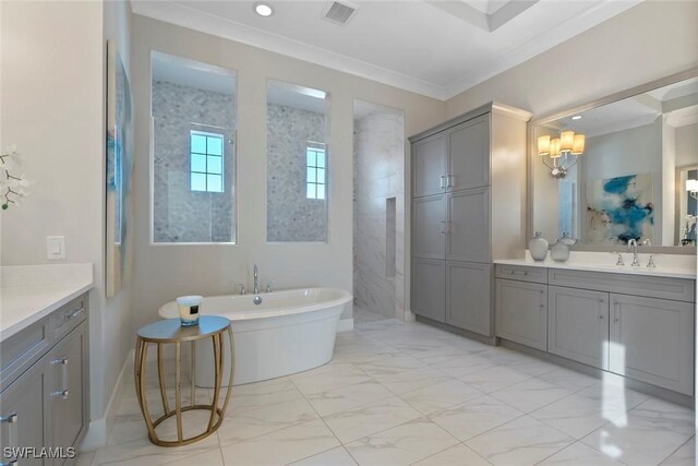 6250 Lightbourn Way, Naples, FL 34113 - bathroom featuring visible vents, crown molding, vanity, marble finish floor, and a soaking tub