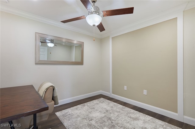 office area with crown molding, dark wood-style flooring, ceiling fan, and baseboards