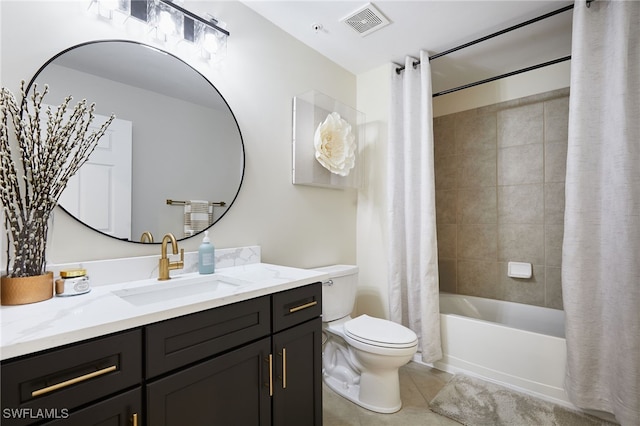 full bathroom featuring tile patterned flooring, shower / bath combo with shower curtain, visible vents, vanity, and toilet