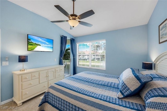 bedroom featuring lofted ceiling, light carpet, access to exterior, baseboards, and ceiling fan