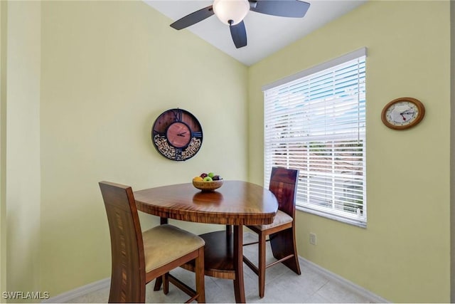 dining area featuring baseboards and ceiling fan