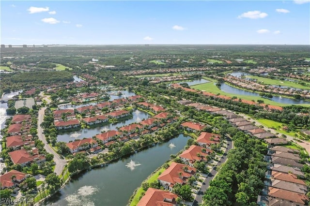 aerial view with a water view and a residential view