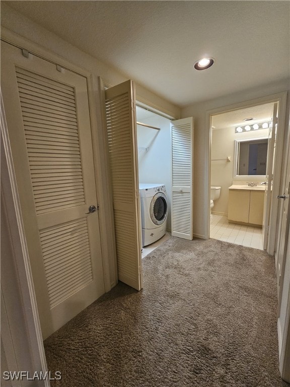 6025 Chardonnay Ln Unit 102, Naples, FL 34119 - laundry area featuring washer / clothes dryer, carpet floors, and recessed lighting
