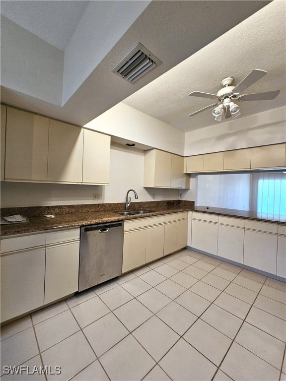 6025 Chardonnay Ln Unit 102, Naples, FL 34119 - kitchen featuring stainless steel dishwasher, light tile patterned floors, and dark countertops
